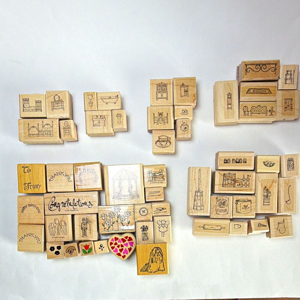 55 Wood Mounted Rubber Craft Stamps Lot, different rooms in a house & misc